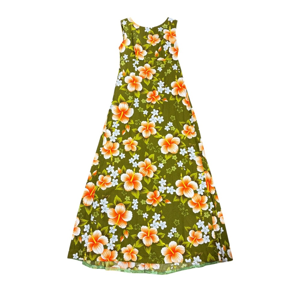 Vintage Ui-Maikai Hawaiian Maxi Dress Green Orange Hibiscus Floral Barkcloth XS